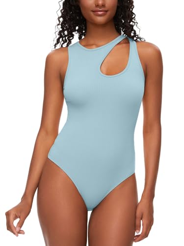 COMFREE Body Damen Bodysuit Elegant Wassertropfen Typ Ausschnitt Racerback Bodys Tank Top Cami Sommer Oberteil Ärmellos Blau XL von COMFREE