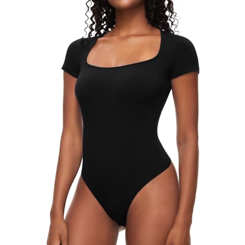 COMFREE Body Damen Bodysuit Elegant Kurzarm Top Eckiger Ausschnitt Damenbody Sommer Oberteil T-shirts Bodys Schwarz M von COMFREE