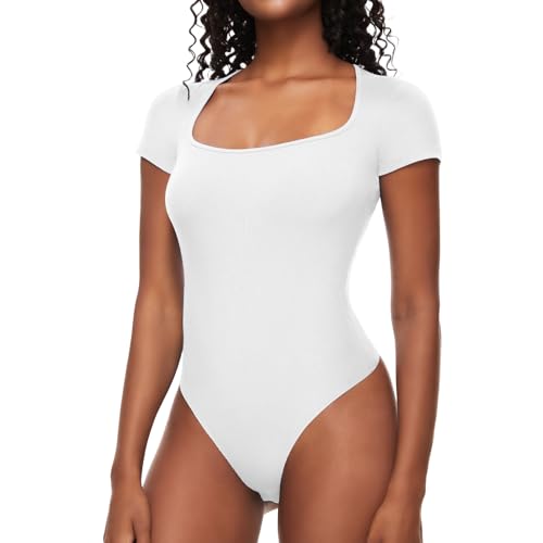 COMFREE Body Damen Bodysuit Elegant Kurzarm Top Eckiger Ausschnitt Damenbody Sommer Oberteil T-shirts Bodys Weiß L von COMFREE