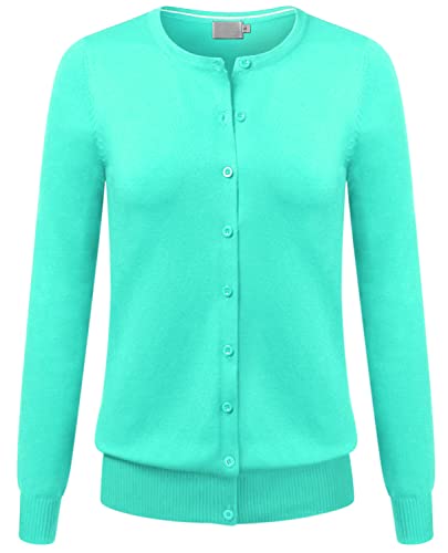 COMFY WORLD Damen Klassische bequeme Strickjacke Pullover Weich Strick Solid Rundhals Langarm Slim Fit Front Button Up (S-3XL), C002_mint, Mittel von COMFY WORLD