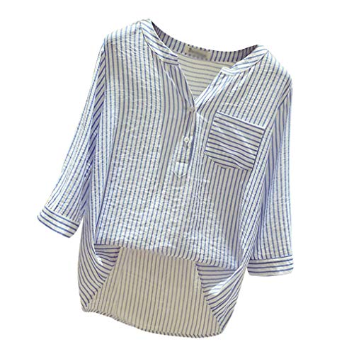 COMIOR Damen V-Ausschnitt Streifen Blusen Hemd Langarmshirts mit Knopf Lose Elegant Casual Shirt Button Oberteile Langarmshirt Button Down Tops Asymmetrischer T-Shirt Hemdbluse Tops von COMIOR