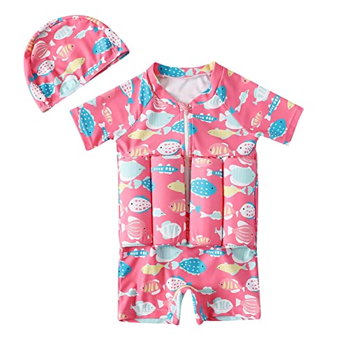 COMIOR Float Badeanzug Mädchen mit Schwimmhaube und Auftrieb Baby Schwimmhilfe Verstellbarem Kinder Suit Bein Schwimmanzug, Rosa, 2-3 Jahre von COMIOR