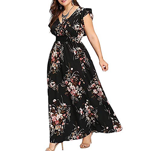 COMIOR Große Größe Kleider Damen Sommerkleid Blumenkleid Chiffon Boho Kleid Sexy V-Ausschnitt Kurzarm Abendkleider Lang Cocktailkleid Partykleid Sommer Freizeitkleid Schwarz Rosa Gelb von COMIOR