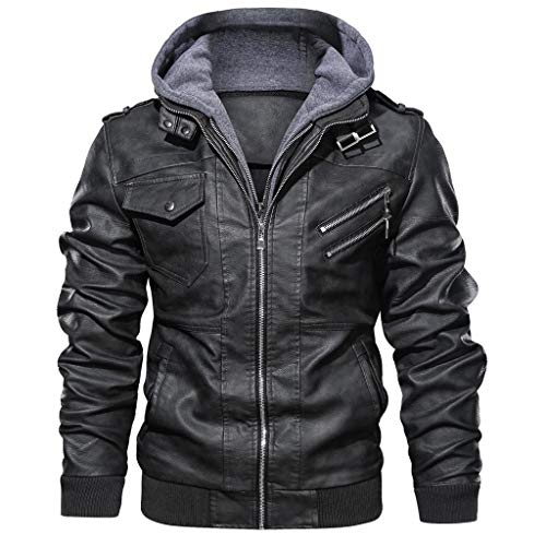 COMIOR Herren Kapuzen Lederjacke Retro Leder Hoodie Jacke Windbreaker Winddichte Outdoor Langarm Herbst Winter Männer Mode Bomberjacke Fliegerjacke Streetwear von COMIOR