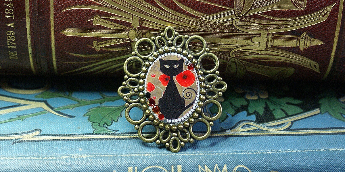 Bronzefarbene Metallpindel Mit Schwarzem Katzenbild von COMME1ange