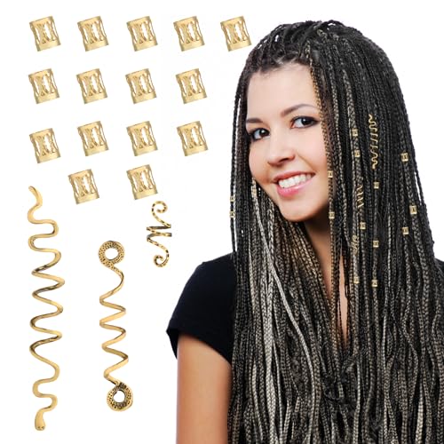 COMNICO 18 Stück goldener Haarschmuck für Damen Zöpfe Piraten Metall Dreadlocks Perlen Ringe Manschetten Schlangenhaar Charm Clips Frisuren Dekoration für Frauen und Mädchen Rave Festival von COMNICO