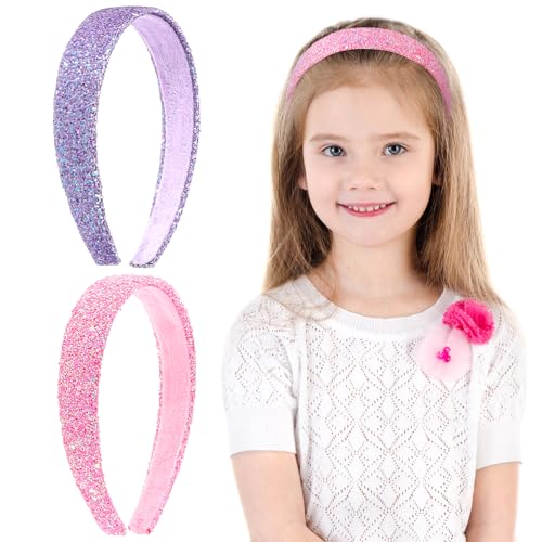 COMNICO 2 Stück Glitzer Stirnbänder für Mädchen Niedliche Glitzernde Breite Dicke Stirnbänder Bling Rutschfestes Haarband Regenbogen-Pailletten Haarschmuck (Rosa + Lila, Einheitsgröße) von COMNICO
