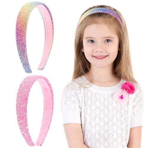 COMNICO 2 Stück Glitzer Stirnbänder für Mädchen Niedliche Glitzernde Breite Dicke Stirnbänder Bling Rutschfestes Haarband Regenbogen-Pailletten Haarschmuck für Kinder Frauen von COMNICO