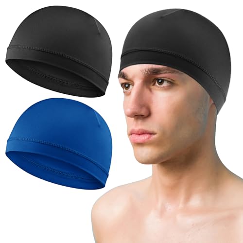 COMNICO 2 Stück Herren-Schädelkappen Beanie Multifunktionale Schlafmützen Atmungsaktive Kopfbedeckung Schweißabsorbierende Liner-Kappe für Männer und Frauen(Schwarz + Königsblau) von COMNICO