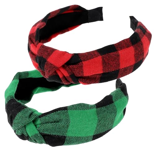 COMNICO 2 Stück Stirnbänder für Damen Valentinstag Weihnachten Geknotete Karierte Haarband Vintage Breites Haarbänder Rot-Grün Haarreifen Modische Haar-Accessoires von COMNICO