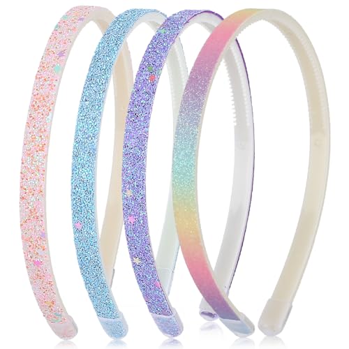 COMNICO 4 Stück Glitzer-Stirnband Niedliche Glitzernde Rutschfeste Stirnbänder aus Kunststoff mit Zähnen Regenbogen-Bling Süße Haarbänder Haarschmuck für Kleine Mädchen von COMNICO