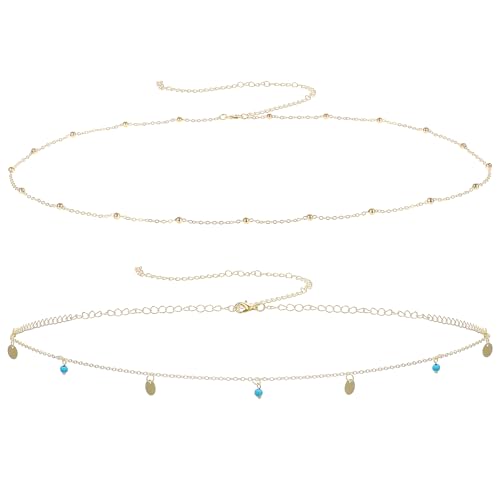 COMNICO Bauchkette Gold, 2 Stück Körperkette Verstellbare Taillenkette Metallglieder Kettengürtel Wasserdichte Bikini Taillenperlenkette Zierliche Schmuckgeschenke für Frauen (Rund Türkis) von COMNICO