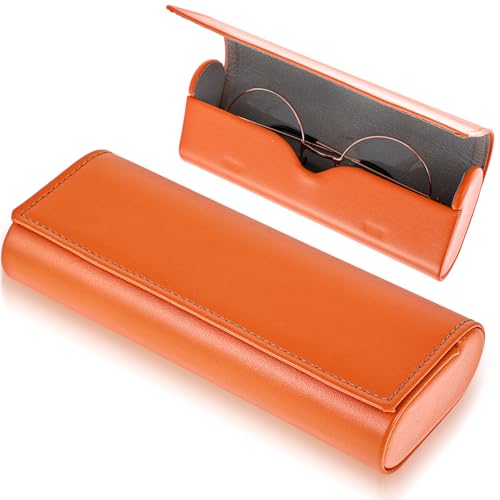 COMNICO Brillenetui Hardcase, Hartschalen-Brillenetui, Tragbares Sonnenbrillenetui, Leichtes Brillenetui aus PU-Leder Schmales Lesebrillenetui Reise-Metallbrillenetui für Damen und Herren(Orange) von COMNICO