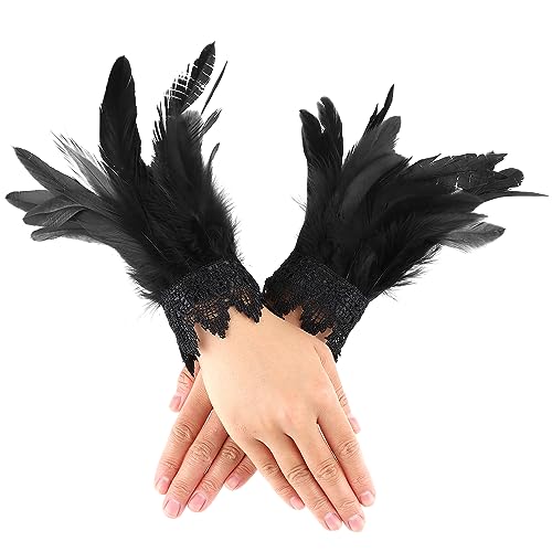 COMNICO Damen Feder-Handgelenkmanschetten, Florale Spitzenflügel-Armbänder Schwarzes Gothic-Mesh-Armband für Cosplay Halloween-Kostüm von COMNICO