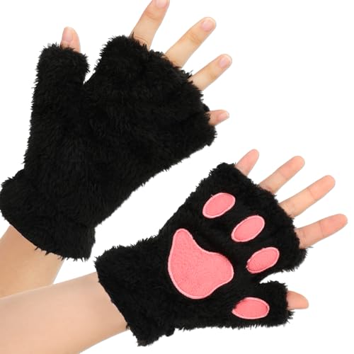 COMNICO Katzenpfoten Handschuhe Weiche Plüsch fingerlose Katzenfäustlinge Cartoon Tier Katze Krallen Winterhandschuhe Halloween Weihnachten Cosplay Kostümzubehör (Schwarz) von COMNICO