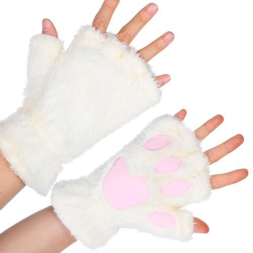 COMNICO Katzenpfoten Handschuhe Weiche Plüsch fingerlose Katzenfäustlinge Cartoon Tier Katze Krallen Winterhandschuhe Halloween Weihnachten Cosplay Kostümzubehör (Weiß) von COMNICO