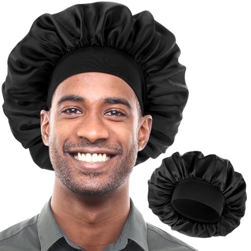 COMNICO Schlafmütze Satin Bonnet für Herren, Nacht Schlaf Mütze Verstellbare Schlafmütze aus Seidensatin Einlagig Dehnbares Bindeband Breit Weich Verstellbare Haarhaube Große Seidenhauben von COMNICO