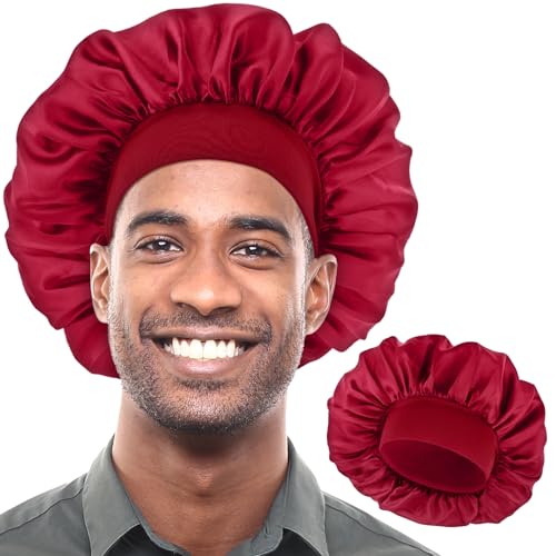 COMNICO Schlafmütze Satin Bonnet für Herren, Nacht Schlaf Mütze Verstellbare Schlafmütze aus Seidensatin Einlagig Dehnbares Bindeband Breit Weich Verstellbare Haarhaube Große Seidenhauben von COMNICO