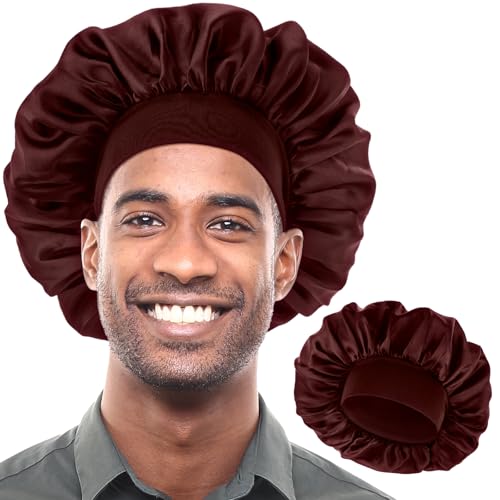 COMNICO Schlafmütze Satin Bonnet für Herren, Nacht Schlaf Mütze Verstellbare Schlafmütze aus Seidensatin Einlagig Dehnbares Bindeband Breit Weich Verstellbare Haarhaube Große Seidenhauben von COMNICO