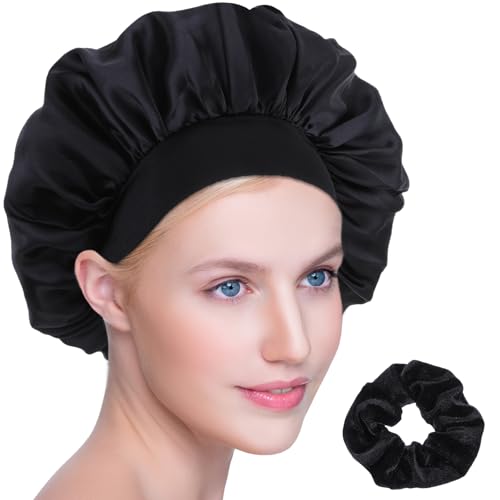 COMNICO Seidenhaube zum Schlafen Schlafhaube Seide Verstellbare Satin Haarhaube Atmungsaktive Schlafmütze Bonnet Nacht Schlafkappe Weiche Kopfhaube für Damen und Mädchen (Schwarz) von COMNICO