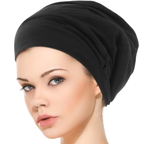 COMNICO Seidensatin Gefütterte Schlafmütze, Modal-Baumwoll-Außenschicht, Verstellbare lockige Haarhaube Haarabdeckung Slouchy Beanie Damen Herren (Schwarz) von COMNICO