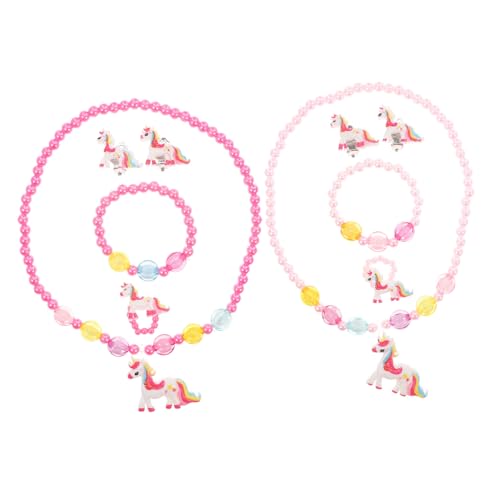 COMPUKAS 10 Stück Teiliges Einhorn Schmuckset für Mädchen Inklusive Armbänder Halsketten Haargummis und Ohrringe Farblich Abgestimmt in Rosa für Kindergeburtstag und Partyaccessoire von COMPUKAS