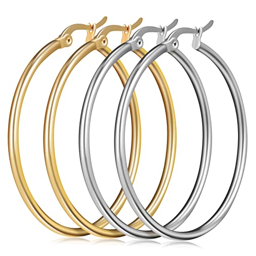 COMPUKAS 2 Paare Extravaganter Kreolen Ohrringe für Damen Gold Silber Stilvolle Runde Statement Ohrhänger für Alltag und Besondere Anlässe COMPUKAS 2 Paare Extravaganter Kreolen Ohrringe für Damen Gold Silber Stilvolle Runde Statement Ohrhänger für Alltag und Besondere Anlässe von COMPUKAS