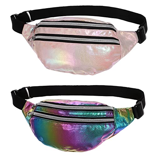 COMPUKAS 2 Stück wasserdichte Damen Bauchtasche Oxford Hüfttaschen mit Reißverschluss Schimmernde Crossbody Bags Vielseitig Tragbar für Reisen Alltag Festival Verstellbar Glänzend von COMPUKAS