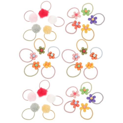 COMPUKAS 30 Stück Blumen Haargummis Elastische Haarbänder mit Pompons Pferdeschwanzhalter für Mädchen Farben Haarschmuck für Kinder von COMPUKAS