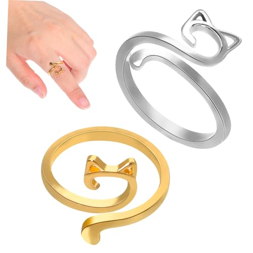 COMPUKAS 4 Stk. Verstellbare Häkelringe Katzenohren Gold Silber Strickring Garnführung Fingerhalter Handarbeitszubehör für Häkeln Stricken Weaving von COMPUKAS