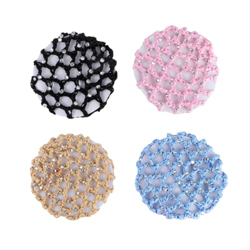 COMPUKAS 4 Stück Teiliges Haarnetz aus Polyester mit Strass Elastisches Haarnetz für Dutt und Ballett Atmungsaktiv Leicht und Langlebig Haarschmuck für Damen in Schwarz Beige Rosa und von COMPUKAS