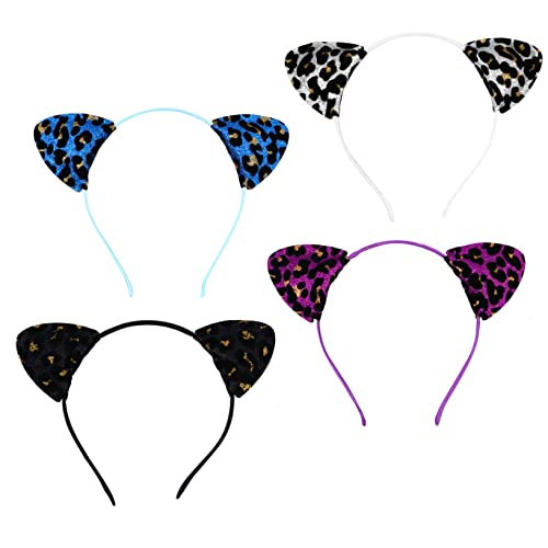 COMPUKAS 4 Stück Teiliges Katzenohren Haarband mit Leopardenmuster Glitzerndes Stirnband für Damen Vielseitige Party und Cosplay Accessoires als Fotorequisite und Halloween Kopfschmuck von COMPUKAS