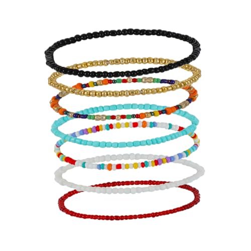 COMPUKAS 7 Stück Elastisches Handgefertigtes Fußkettchen Teilig mit Bunten Perlen Einfachem Design Dehnbarer Knöchel Schmuck für Damen Vielseitig Kombinierbar zu Kleidern und Partys von COMPUKAS
