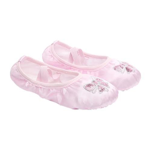 COMPUKAS Ballettschuhe Satin mit Rutschfester Wildledersohle Bestickte Glitzerelemente Elastisches Band für Schnellen Sitz Gymnastikschuhe für Mädchen Rosa von COMPUKAS