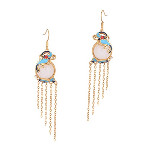COMPUKAS Chinesische Vintage Ohrringe Damen Jade Ohrhänger mit Tassel Handbemalt Langlebig Modischer Schmuck für Neujahr und Festliche Anlässe von COMPUKAS