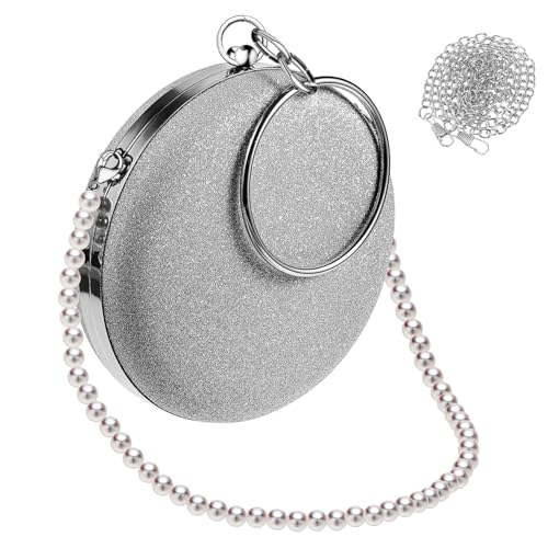 COMPUKAS Damen Abendtasche Rund Elegant Party Clutch mit Abnehmbarer Perlenkette Weiß Handtasche für Hochzeit Cocktail und Festliche Anlässe von COMPUKAS