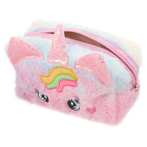 COMPUKAS Kosmetiktasche Einhorn Süße Plüsch Toilettentasche für Mädchen Reise Kulturtasche mit Cartoon Design für Make Up und Pflegeprodukte für Unterwegs von COMPUKAS