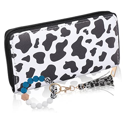 COMPUKAS Damen Geldbörse mit Kuhmuster Lange PU Ledergeldbörse mit Quaste Perlenarmband Schlüsselanhänger Kartenhalter für Einkäufe Reisen und Alltag von COMPUKAS