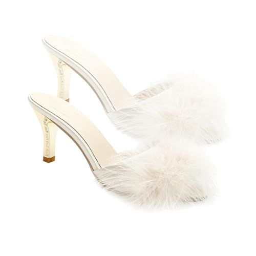 COMPUKAS Nonslip Damen Hausschuhe mit Hohem Absatz Weiße Beige Sommerschlappen Spitz Zulaufend Modisch Vielseitig für Indoor und Outdoor Stilvolle Sandalen für Frauen von COMPUKAS