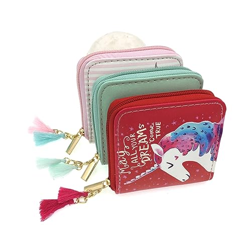 COMPUKAS PU Zipper Geldbörse Damen Cartoon Einhorn Muster Kurz Portemonnaie mit Reißverschluss Rot Leicht Tragbar für Alltag Reise Mädchen von COMPUKAS