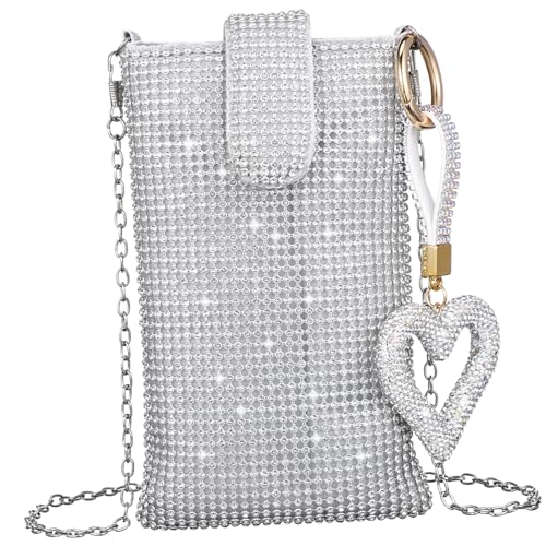 COMPUKAS Silberne Damen Handytasche Crossbody Bag mit Herz Schlüsselanhänger Robuste Kompakte Umhängetasche für Handy und Essentials Modisch und Alltagstauglich von COMPUKAS