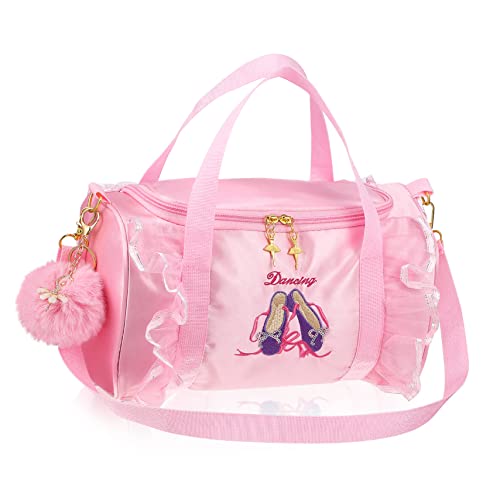 COMPUKAS Tanzsporttasche Mädchen mit Zartem Stickmuster und Spitzenbesatz Große Kapazität Glatter Reißverschluss Doppelte Tragegriffe und Abnehmbare Umhängetasche Flauschigem von COMPUKAS
