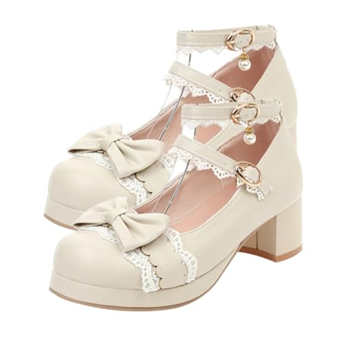 COMPUKAS Uniform Schuhe Damen Lolita High Heels mit Schleife rutschfeste Weiche Sohle Atmungsaktives Material Stabiler Blockabsatz für Cosplay und Alltag Japanische Uniformschuhe von COMPUKAS