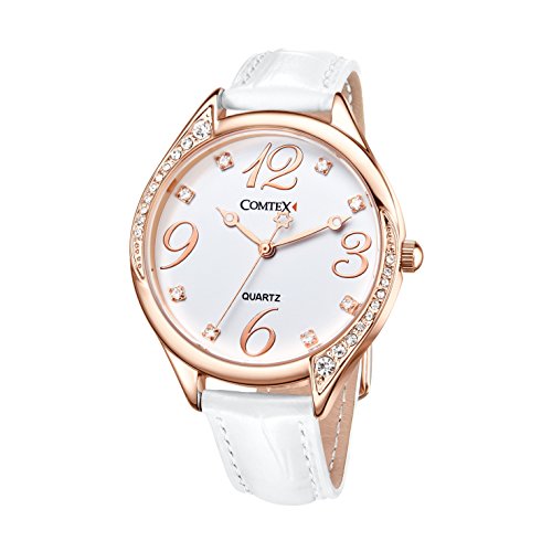 Comtex Damen Armbanduhr Strass Analog Quarz mit Leder Armband S128RG Rose Gold von Comtex