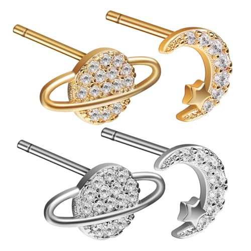 CONGARTENO 2 Paare Asymmetrische Ohrstecker mit Mond Stern Planet Kleine Damen Ohrringe in Silber und Gold Leichte Ohrschmuck für Frauen und Mädchen von CONGARTENO