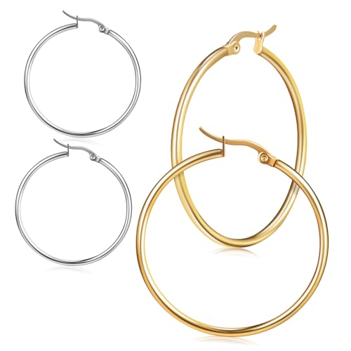 CONGARTENO 2 Paare Große Runde Creolen Ohrringe Modische Statement Circle Earrings Goldene und Silberne Damenohrringe Stylischer Schmuck für Frauen und Mädchen von CONGARTENO