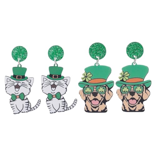CONGARTENO 2 Paare Irische St Patricks Day Ohrstecker mit Grünen Kleeblatt-motiven Hatted Hund Katze Design Leichte Acrylohrringe für Damen Langlebig und Komfortabel Festliche von CONGARTENO