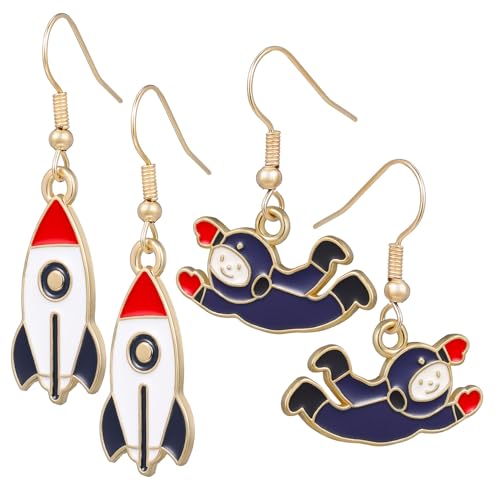 CONGARTENO 2 Paare Retro Anhänger Ohrringe mit Astronaut und Raketenform Leichte Bequeme Dangle Ohrringe für Damen und Mädchen Vielseitig für Alltag Party und Formelle Anlässe von CONGARTENO