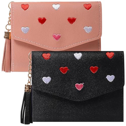 CONGARTENO 2stücke Kurze Geldbörsen Pu- Mit Bestickten Herzmotiven Praktische Geldbeutel Mit Kartenfächern Für Damen Handlich Und Für Täglichen Gebrauch von CONGARTENO
