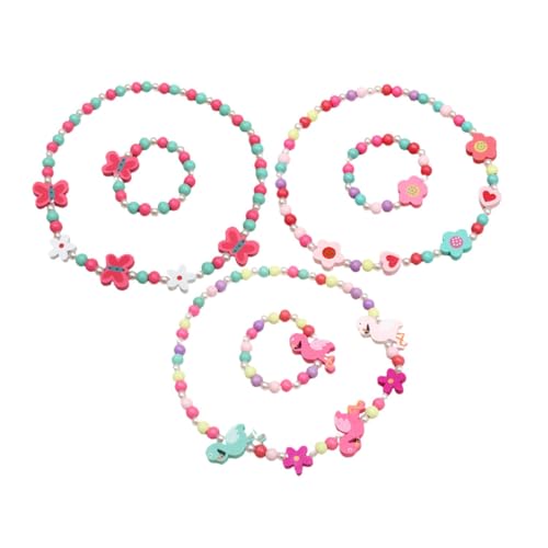 CONGARTENO 3 Sätze Teiliges Holzperlen Schmuckset für Verstellbares Armband und Halskette mit Blumen Flamingo und Schmetterling Elastisch Modisches DIY set für Mädchen Geschenk für von CONGARTENO
